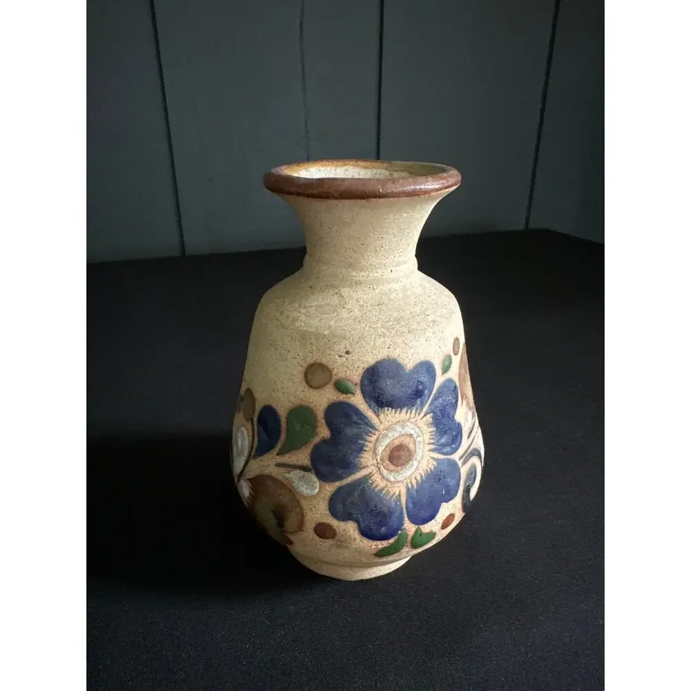 Vintage Mexican Tonala Sandstone Bud Vase Hand Painted Floral Folk Art Pottery - Picture 2 of 9